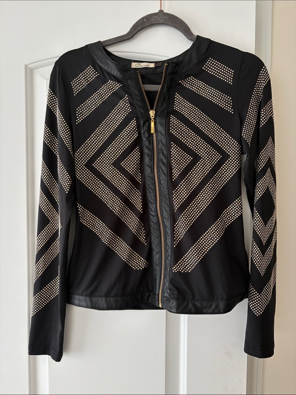 Embellished Black Zip-Front Leather-Trim Jacket by Cynthia